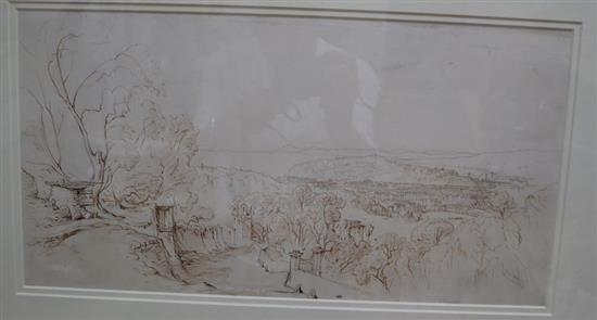 Circle of Edward Lear, ink and pencil drawing, View of Nice, 23.5 x 46cm